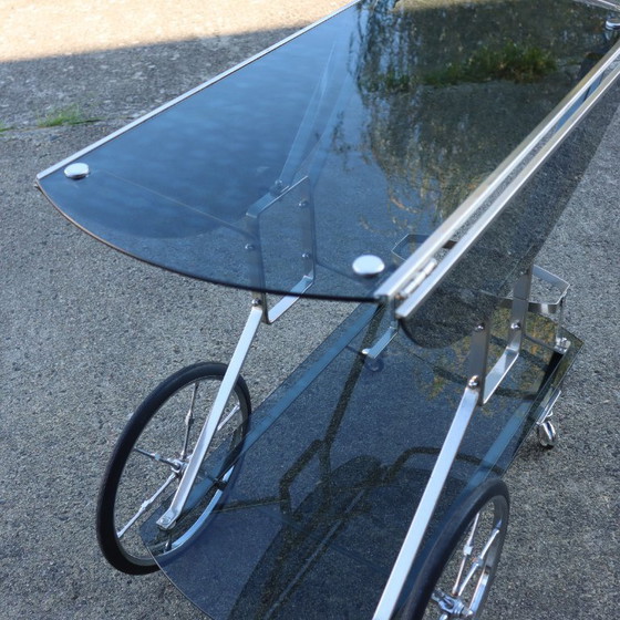 Image 1 of French Mid-Century Smoked Glass and Chrome Bar Trolley-Drop Leaf Bar Cart-Vintage Two Tier Dessert-Bar Trolley-60s