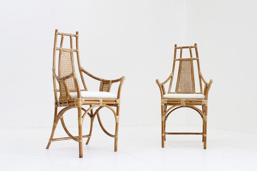 Fauteuils vintage en rotin avec coussins bouclés 1970
