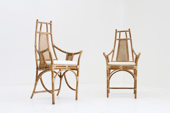 Image 1 of Fauteuils vintage en rotin avec coussins bouclés 1970