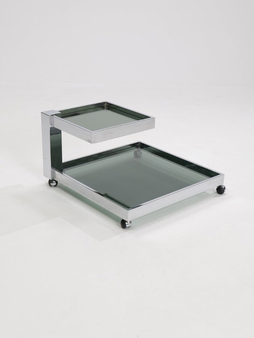 Chariot de service en chrome et verre fumé, années 1970