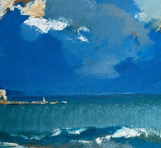 Image 1 of Original Oil Painting Summer Beach Landscape Walking along the sandy shore
