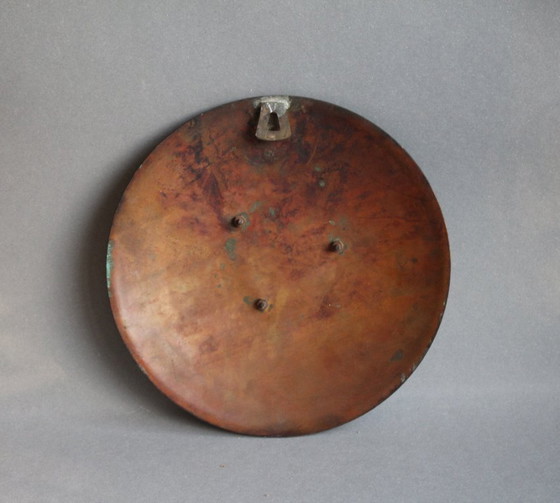 Image 1 of Mid-century heavy round wall painting, copper with green patina, depicting a deer with fawn, 1950s/60s