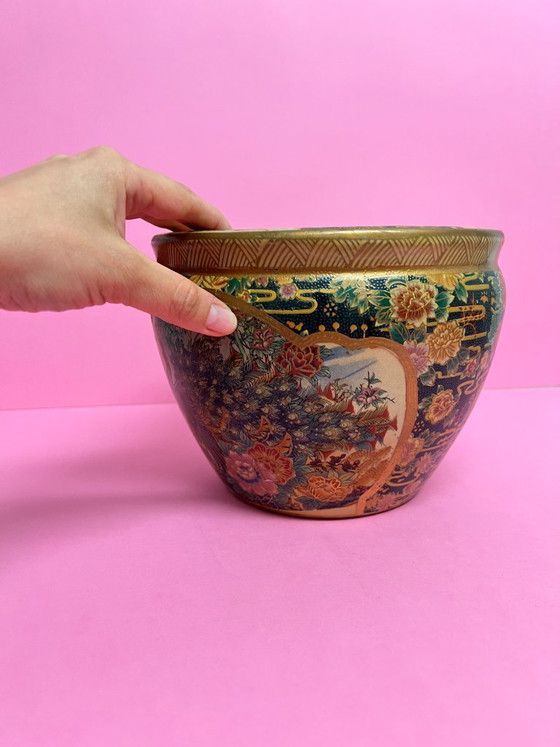 Image 1 of Vintage Satsuma Cachepot Flower Pot Planter with Peacock Motif – Hand-Painted Asian Ceramics