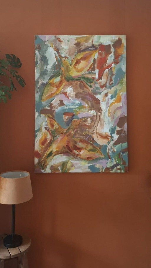Gemälde auf Leinwand - ''Free Birds'' - bunt - Vögel - Natur - warm - abstrakt