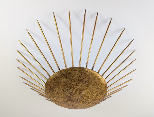 Sunburst Pendant Lamp Hammered Gilt, Neoclassical Style 1970s