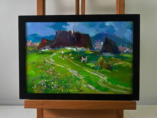 Original Oil Painting Rural Summer Landscape Quiet village on a green hill