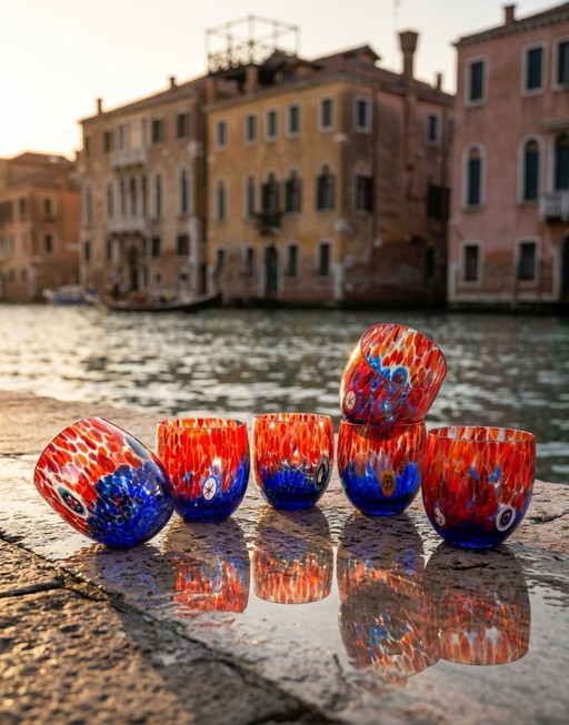 Set van 6 Venetiaanse glazen van geblazen glas met Murano-effect (murrine) in het glas verwerkt, handgemaakt in Italië.