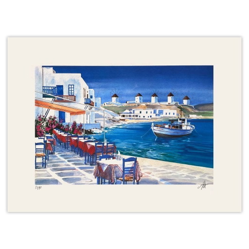 André BONGIBAULT Signed Lithograph Grèce - Les 5 Moulins À Mykonos 1995 – lithos zeefdrukken, Paper