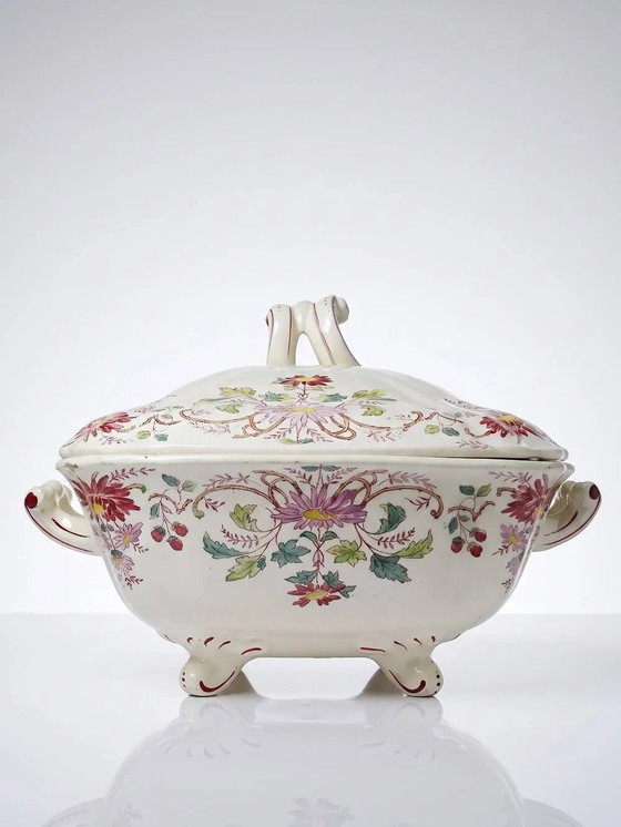 Antike Longchamp Suppenterrine/Gemüseschale mit polychromen Gänseblümchen aus Eisenstein. – Geschirr (photo 3 of 16)