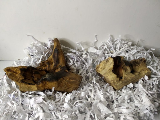 Image 1 of 2 glazen containers vastgesmolten op Gamal-hout