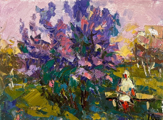 Image 1 of Original Oil Painting Summer Flowers Landscape On a walk near the lilacs