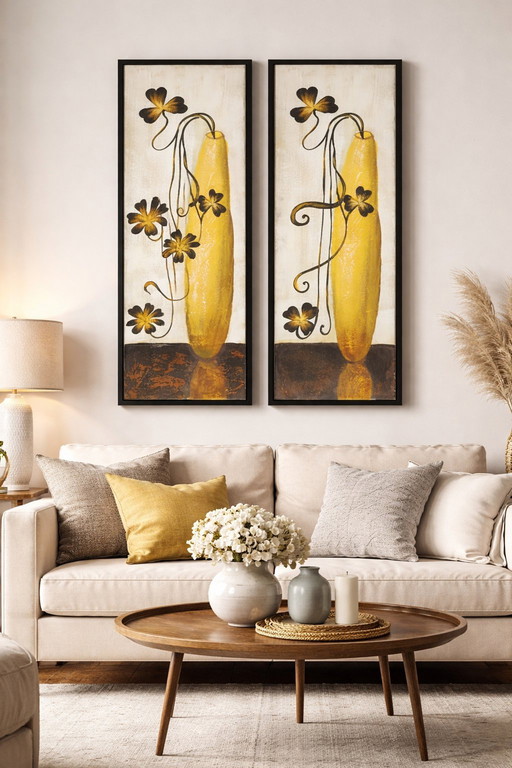 Set di 2 opere d'arte incorniciate e dipinte a mano - Design vaso giallo