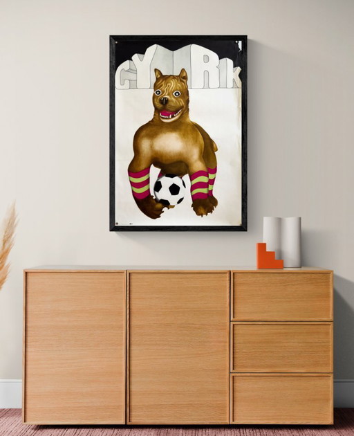 🐶 CYRK – Hond met voetbal – 1973 – Originele poster van Danuta Żukowska | Lithografische afdruk | 96×65cm | Polen
