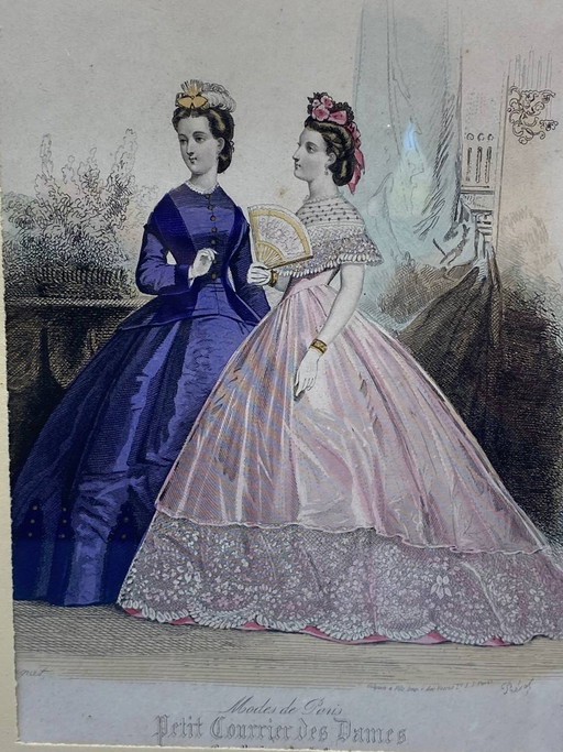 Incisione di moda del XIX secolo incorniciata e colorata, Petit Courrier des Dames – decoratieve objecten (photo 2 of 6)
