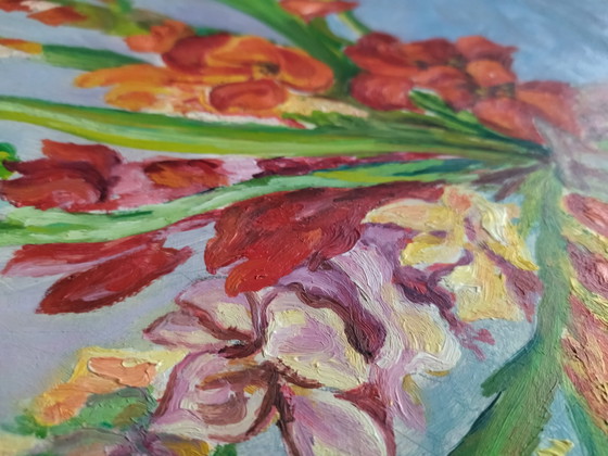 Image 1 of Oil painting on panel – Still life with gladioli