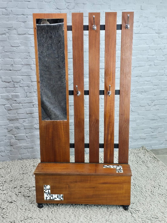 Mid-Century Design Teak Hallway Coat Rack With Mirror And Storage Bench With Ceramic Mosaic Inlay, 1960s (photo 2 of 8)