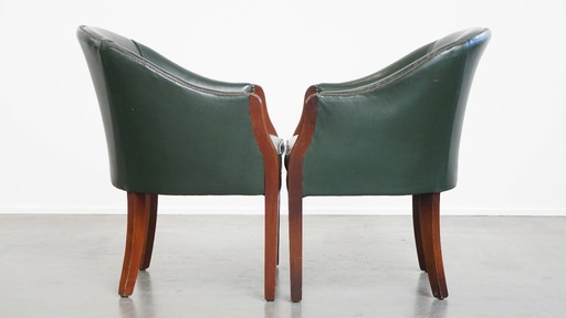 2 x Chaise d'appoint, de salle à manger ou de bureau en cuir de vachette vert et en bois, de style anglais