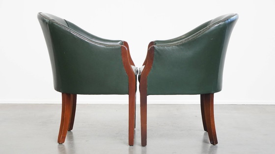 Image 1 of 2 x Beistell-/Ess-/Bürostuhl aus grünem Rindsleder und Holz im englischen Stil