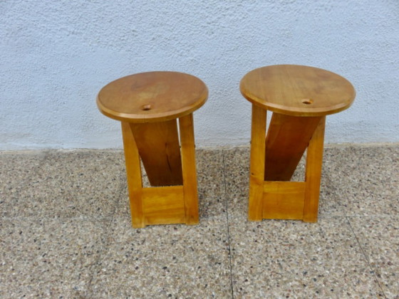 Een paar opklapbare krukjes van Roger Tallon, Sentou-editie, Frankrijk, 1980. – Wood (photo 4 of 14)