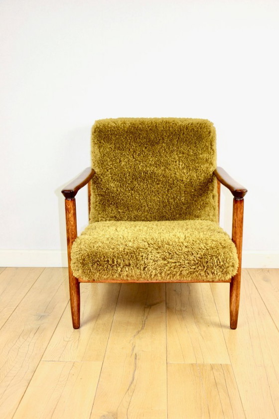 Image 1 of GFM-142 armchair designed by Edmund Homa from the 70s, ginger - high pile khaki / olive - 2 pieces available