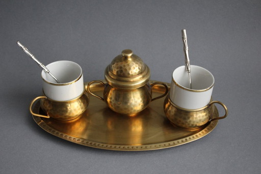 Juego de café expreso Ottone Battuto A Mano para 2 personas, de porcelana, con soportes de latón, firmado.