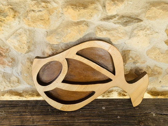 Image 1 of Vintage, Scandinavische houten vissculptuur van A. Hiben, 1977.
