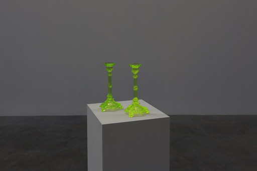 Pair Uranium or annagreen glass candlesticks by Vallerysthal & Portieux, France 1950s
