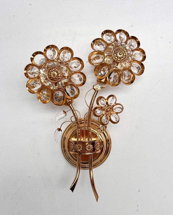 Image 1 of Brass and crystal Art Deco wall lamp attributed to PALWA, 1960s