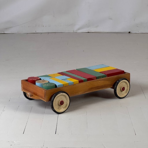 Mid-Century Kids Toy Colorful Building Bricks in Wooden Cart
