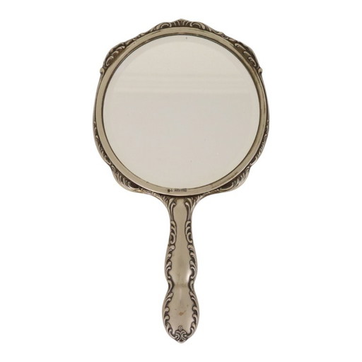 Specchio a mano in stile Art Nouveau, in metallo bianco, Francia – spiegels
