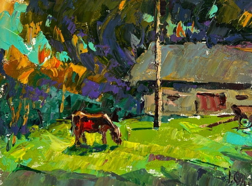 Peinture à l'huile originale représentant un paysage rural et une journée d'été au village