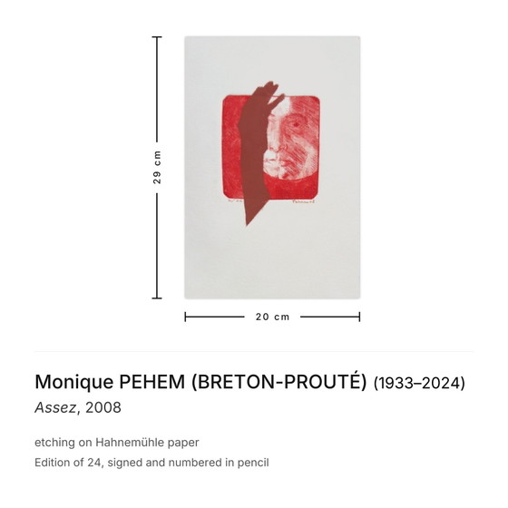 Image 1 of Monique PEHEM (BRETON-PROUTÉ) Genoeg Gesigneerde ets 2008