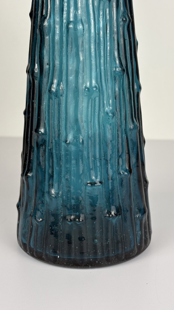 Image 1 of Vintage Empoli wax drip genie bottle with bamboo blue glass cap