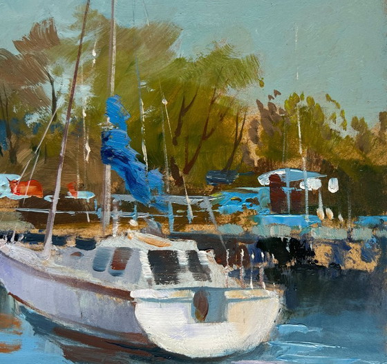 Image 1 of Original Oil Painting River Boats Landscape Summer Yacht Club