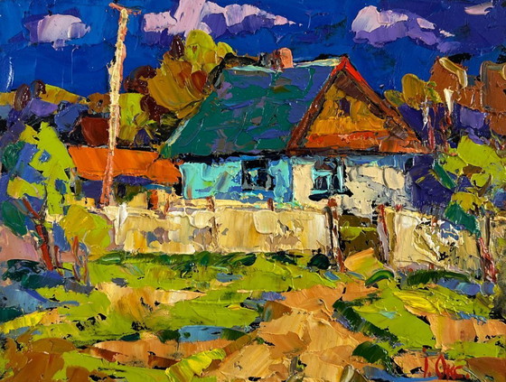 Image 1 of Original Oil Painting Summer Village Landscape Tree, house and endless sky