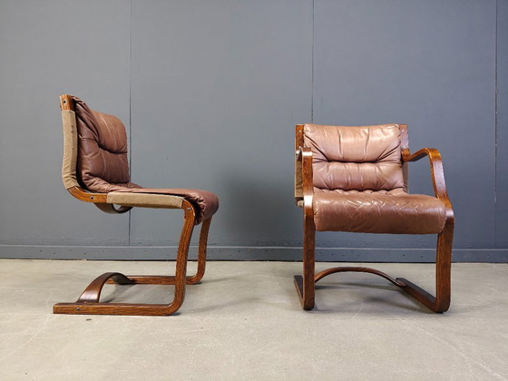 Image 1 of Vintage Asko Pajamies Finland leren multiplex stoelen, set van 6 - jaren 70