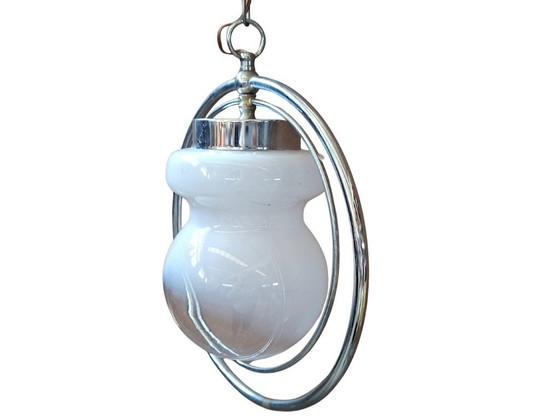 Image 1 of Vintage Space Age Chandelier – 1970s Design – Opal Glass and Chrome