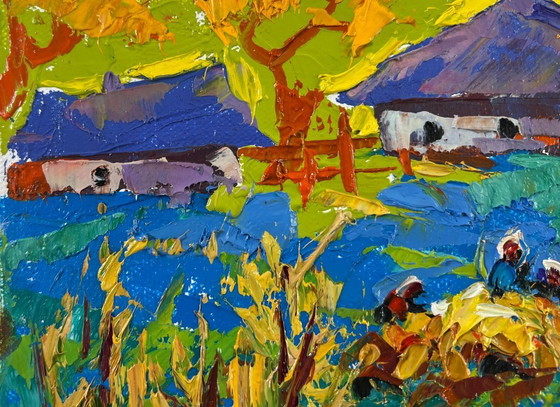 Image 1 of Original Oil Painting Evening Village Landscape Golden Harvest
