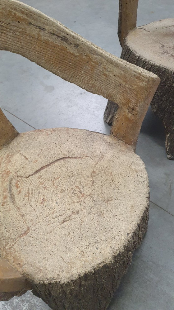Image 1 of Vintage faux wood cement garden set 4 chairs/table Brutalist 60s France