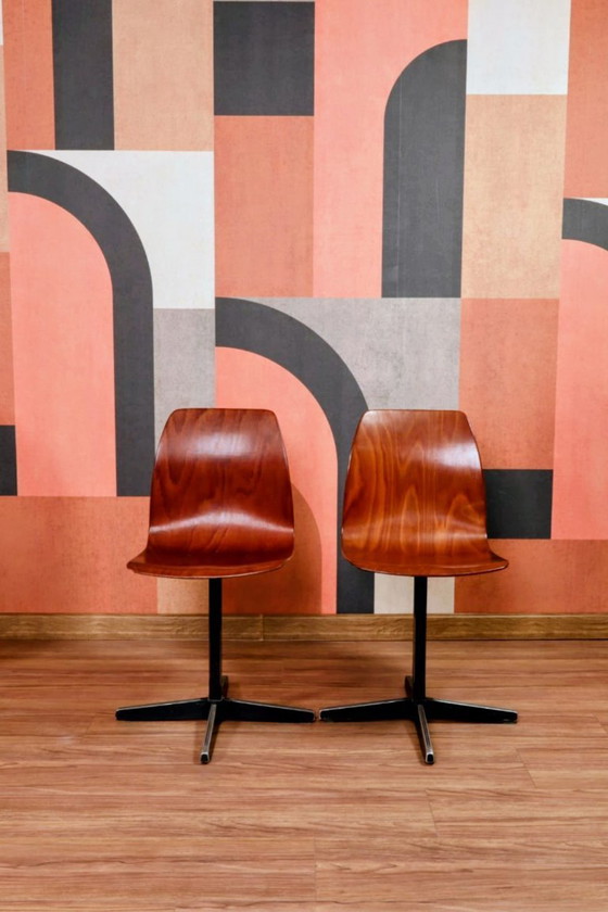 Image 1 of Pair of children's chairs made of plywood, vintage style, metal legs, 1970s