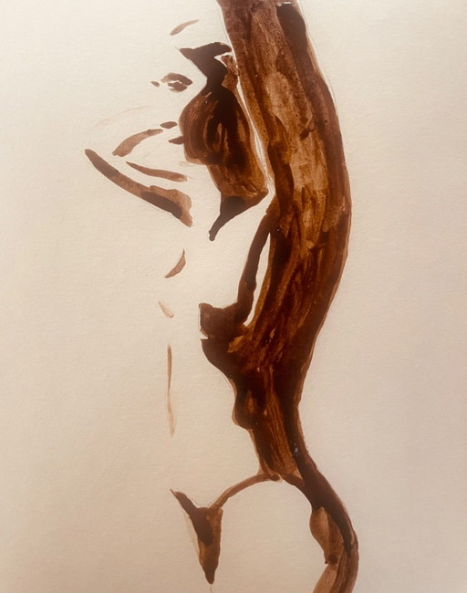 Monochrome Painting Brown Earth Wabi Sabi Female Portrait “Play of Shadows” – schilderijen tekeningen, Paper