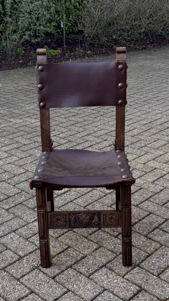 Set van 4 vintage Spaanse stoelen – jaren 60/70 – Eetkamerstoelen, Wood, Leather (photo 4 of 8)