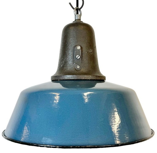 Industrial Blue Enamel Factory Lamp with Cast Iron Top, 1960s