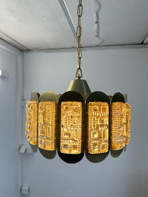 Lampada a Sospensione Plafoniera Vintage Vitrika Vetro Ghiaccio Anni '60 Danimarca, Plafoniere, Metallo (foto 2 di 14)