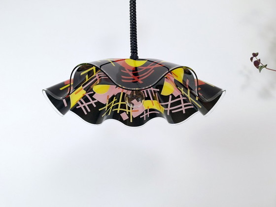 Image 1 of Vintage 1980s Memphis Design Pendant Light / Postmodern Geometric Pull Down Lamp / Roly Poly Spiral Cable Chandelier / Retro Era