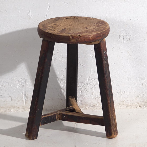 Antique dark colored round stool (c.1900) #11, Wood, Brown, Rustic (photo 8 of 16)