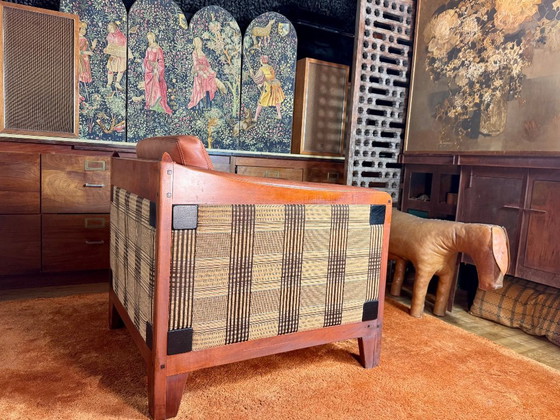 Image 1 of Schuitema Shaker comfortable club armchair in cognac aniline leather with graphic textile panels all around