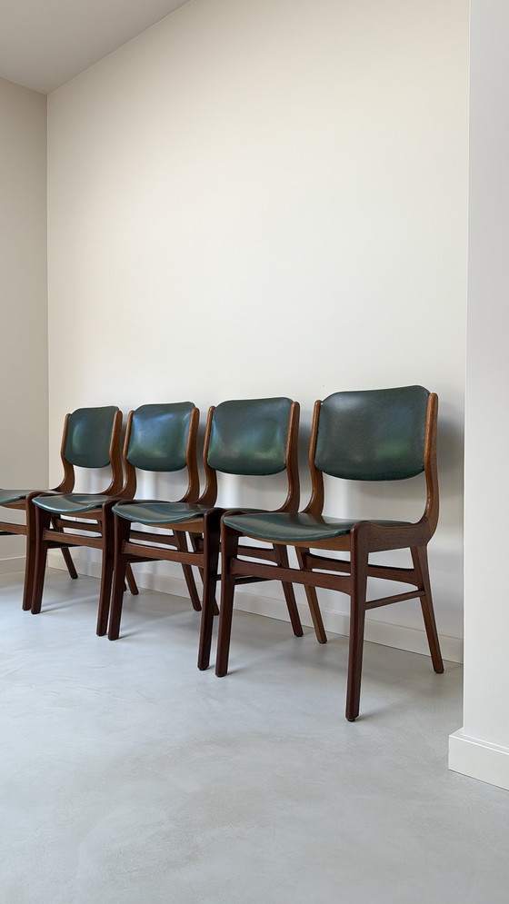 Image 1 of Four vintage wooden chairs with green imitation leather