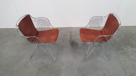 Image 1 of 2 Design Wire Chairs Chrome With Cognac Seat Pads