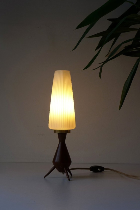 Vintage Tripod Tafellamp Deens Scandinavisch Teak Rocket Lamp jaren 60 70 – Tafellampen, Glass, Wood (photo 6 of 7)